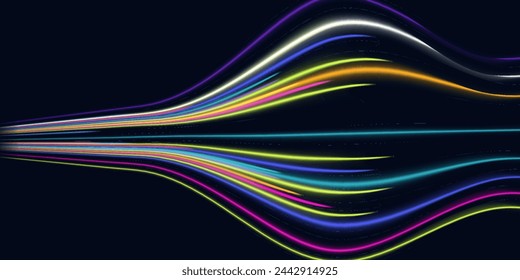 Colorful light trails with motion effect. Vector illustration of high speed light effect on black background.