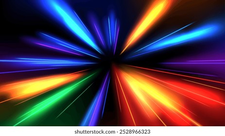 Colorful Light Trails, Perspective Long Time Exposure Motion Blur Effect, Vector Illustration