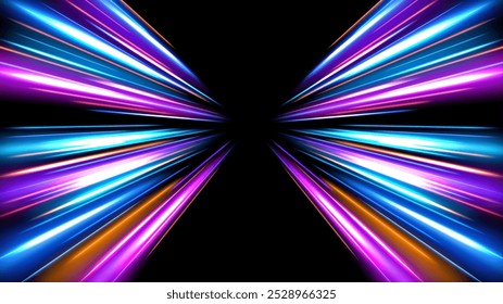 Colorful Light Trails, Perspective Long Time Exposure Motion Blur Effect, Vector Illustration