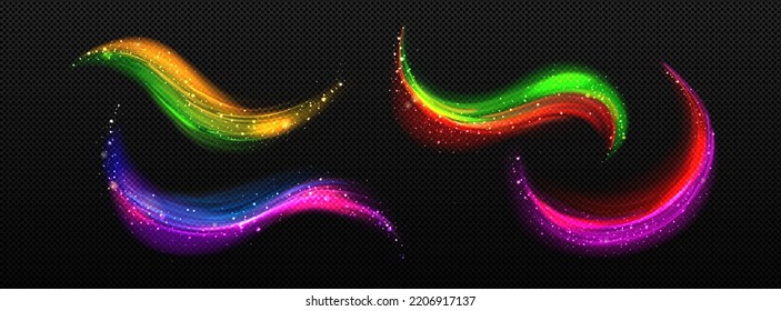 Colorful light trails with sparkles, shiny motion effect lines isolated on transparent background. Magic wavy and curved glowing stripes with sparks, vector realistic illustration