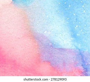 Colorful light watercolor blue pink violet orange hand drawn paper texture background. Wet brush painted smudges and stains abstract vector illustration. Artistic design card, banner, template, print