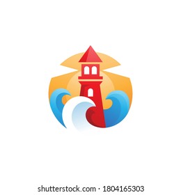 Colorful Lighthouse Beacon Water Wave Sea Sun and Sky Illustration