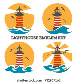 Colorful Lighthouse emblem set with ocean waves and seagulls. Vector illustration