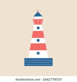Colorful lighthouse hand drawn vector illustration. Isolated pharos in flat style for kids poster or logo.