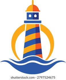 Colorful lighthouse icon with blue waves and orange accents. Modern, graphic design. Represents safety, guidance, maritime, and coastal themes.