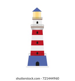 Colorful lighthouse icon, symbol, decoration element, flat style cartoon vector illustration isolated on white background. Flat cartoon illustration of marine lighthouse, red, blue and white