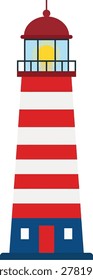 A colorful of a lighthouse with red and white horizontal stripes, a blue base with a red door and two small windows, and a red dome with a yellow light.