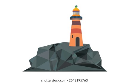 Colorful Lighthouse Standing on Geometric Black Rock Isolated Against White Background
