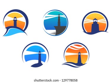 Colorful lighthouse symbols set isolated on white background for any navigation concept, also a logo idea. Jpeg version also available in gallery