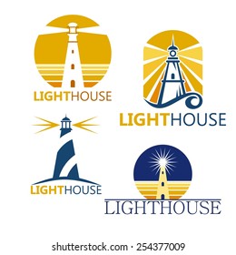 Colorful lighthouse symbols set isolated on white background