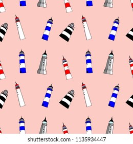 Colorful lighthouses seamless pattern. Bright cartoon illustration for children's greeting card design, fabric and wallpaper.