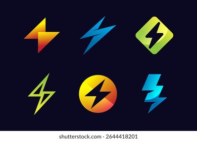 Farbiges Blitzbolzen-Logo-Set - Moderne Farbverlauf-Donner-Symbole für Technologie-, Energie- und Spielemarken