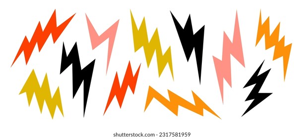 Colorful lightning bolt set. Bright thunderbolt collection. Flash symbols in cartoon colors. Lightning strike signs. Vector illustration 