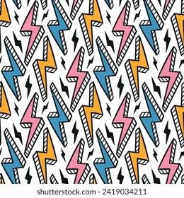 Colorful Lightning Bolts Seamless Pattern. Kids Background with Lightning Bolt Signs, Thunderbolts, Energy Thunder bolt or Warning Symbols.