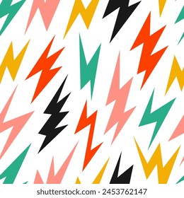 Colorful lightning bolts seamless pattern. Yellow, red, green and black thunder bolt repeating background. Storm and lightning strike ornament wallpaper. Vector cartoon repeated backdrop 