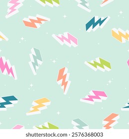 Colorful lightning, cartoon style, illustration in bed colors, stars, seamless pattern, print, web design, cover, thunder, symbol, energy, power, electric, weather, warning, thunderstorm, colorful, wa