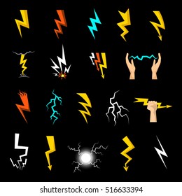 Colorful lightnings of different shape flat icons set isolated on black background vector illustration