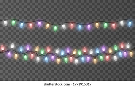 Colorful lights bulbs isolated on transparent background.
