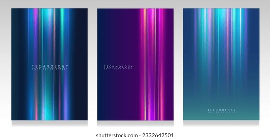 Colorful lights cover set. Strips of neon ray on gradient background. Abstract glowing effect. 