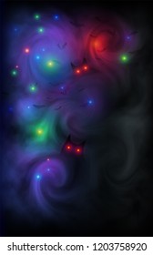 Colorful lights in fog vector mystic background with scary creatures