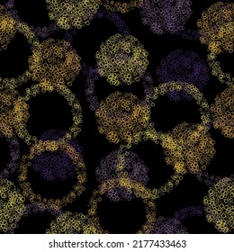 Colorful lights seamless background. Bright seamless pattern with multicolor textured watercolor dots, on black background
