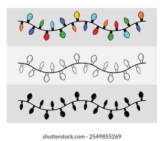 Colorful Lights, Colorful Lights Silhouette, Lights, Winter, Holiday, String, Light Strand, outline, Clipart, Vector