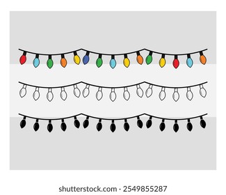 Colorful Lights, Colorful Lights Silhouette, Lights, Winter, Holiday, String, Light Strand, outline, Clipart, Vector