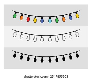 Colorful Lights, Colorful Lights Silhouette, Lights, Winter, Holiday, String, Light Strand, outline, Clipart, Vector