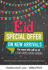 Colorful lights and stars decorated poster, banner or template for Eid Special Offer on new arrivals.