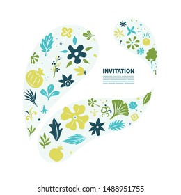 colorful lightweight creative composition with many different floral doodles forming abstract shapes, greeting card template