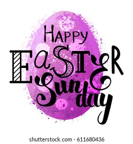 Colorful lilac egg with Easter greeting hand-lettering. Vector.