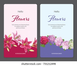Colorful lilies flower and hydrangea template. Vector set of blooming floral for wedding invitations and greeting card design.