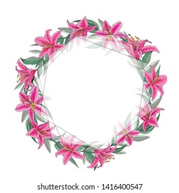 Colorful of lilies flower on white background. Geometric frame. Botanical art. Hand drawn lilies. beautiful wreath. Adornment for wedding invitations and greeting card.