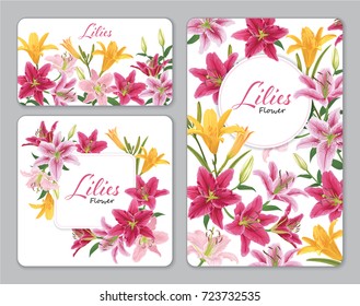 Colorful lilies flower on white background. Vector set of blooming floral for wedding invitations and greeting card design.