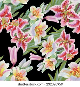 Colorful lily flowers seamless pattern on black background vector illustration