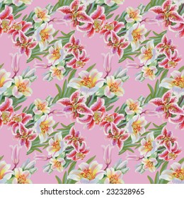 Colorful lily flowers seamless pattern on pink background vector illustration