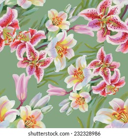 Colorful lily flowers seamless pattern on green background vector illustration