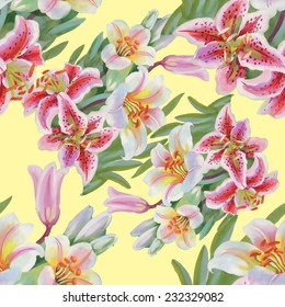 Colorful lily flowers seamless pattern on yellow background vector illustration