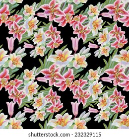 Colorful lily flowers seamless pattern on black background vector illustration