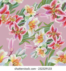 Colorful lily flowers seamless pattern on pink background vector illustration