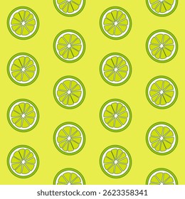 Colorful lime slices are arranged in a repeating pattern against a vibrant yellow background, creating a fresh and energetic visual effect ideal for various creative projects.