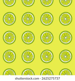 Colorful lime slices are arranged in a repeating pattern against a vibrant yellow background, creating a fresh and energetic visual effect ideal for various creative projects.