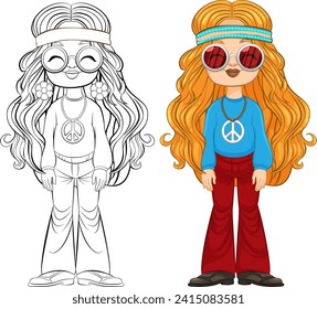 Colorful and line art of a 70s styled girl.
