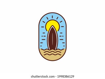Colorful line art badge of surfing board and sun design