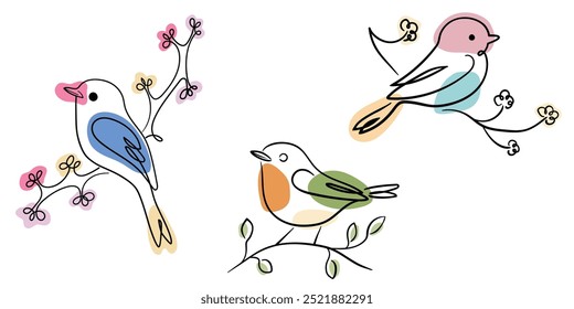 Pájaros coloridos del arte de la línea posados en las ramas con detalles florales abstractos. Ilustración vectorial