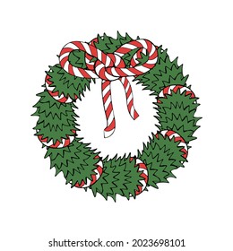 Colorful Line Art Christmas Wreath clipart, spruce branches decorated with big bow knot. Isolated on white background