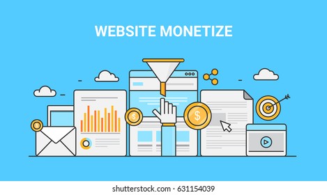Colorful line art concept for website monetization, make money on-line, revenue generation flat vector banner with icons