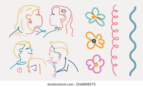 Colorful line art of couples, abstract flowers, and wavy lines. Vibrant line art with abstract flowers and wavy lines. Couples in colorful line art style. Doodle vector set.