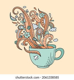 Colorful line art cup of tea or coffee. Vector adult coloring page a cup and ornate steam in doodle style. Cute print with a decorative cup.