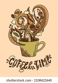 Colorful line art cup of tea or coffee. Vector adult coloring page a cup and ornate steam in doodle style. Cute print with a decorative cup.